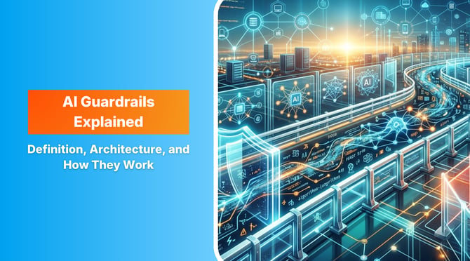 futuristic, wide banner illustration representing AI guardrails. A glowing, data-stream highway winds through a digital cityscape under a sunrise. The highway is securely lined with transparent, high-tech physical and digital guardrails, shield icons, and glowing circuit-board barriers. Nodes of neural networks and complex algorithms flow smoothly within these safe boundaries, illuminated in vibrant blues, teals, and warm orange accents. The image contains no text or titles. 