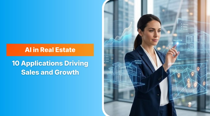 A professional woman in a business suit interacting with a futuristic digital hologram of real estate data and property models in a modern office. The left side of the image features a dark, blurred architectural background providing empty space for text overlay. 