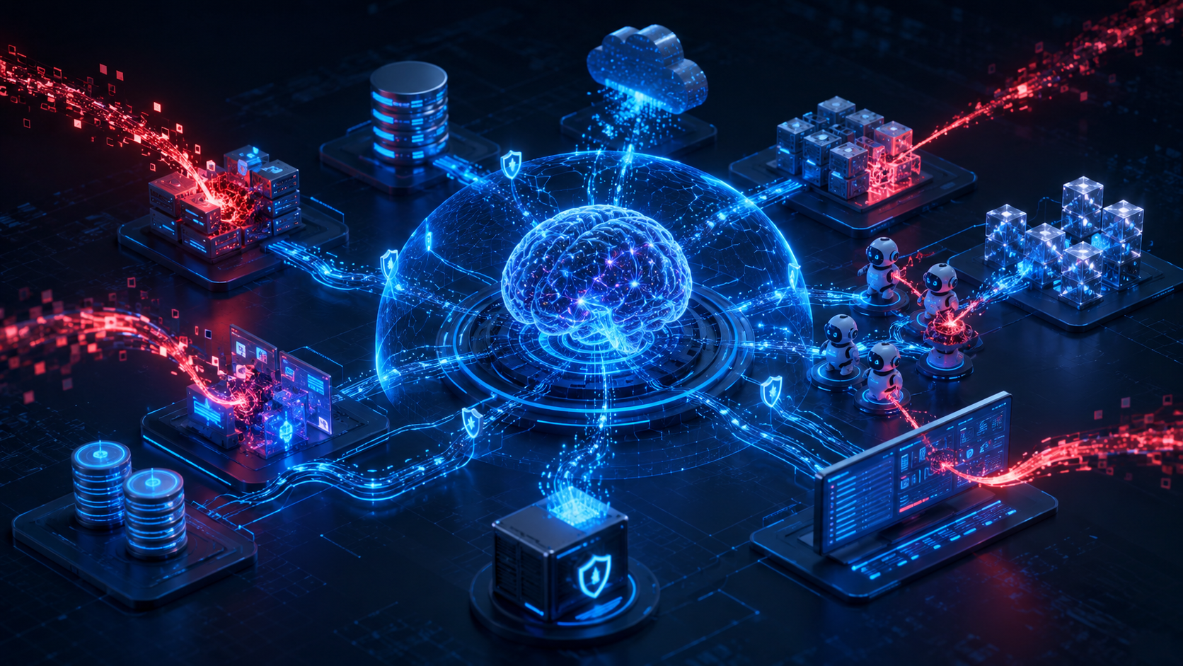 Futuristic AI network defense simulation