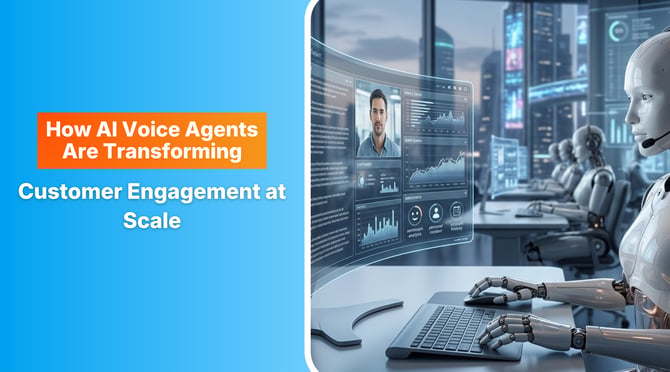 A futuristic, high-tech call center where rows of sleek, realistic humanoid AI robots wearing headsets sit at desks with transparent holographic displays, managing customer data and global engagement analytics against a backdrop of a glowing city skyline at dusk. 
