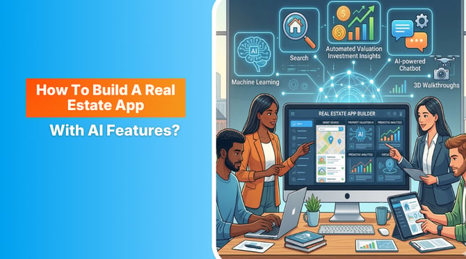 A professional team of developers collaborating on a real estate app with AI features, showing a central monitor with a smart search map, predictive analytics dashboards, and floating icons for machine learning, automated property valuation, and 3D walkthroughs. 