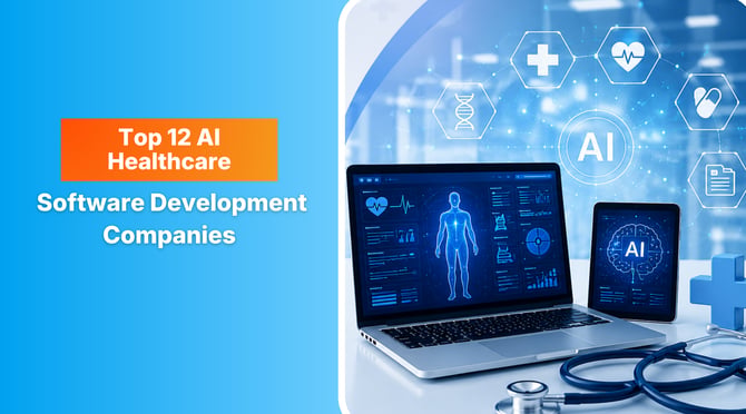 Featuring futuristic medical AI technology, digital healthcare interfaces, laptop and tablet screens with healthcare analytics, medical icons, and modern blue-themed enterprise healthcare innovation design. 