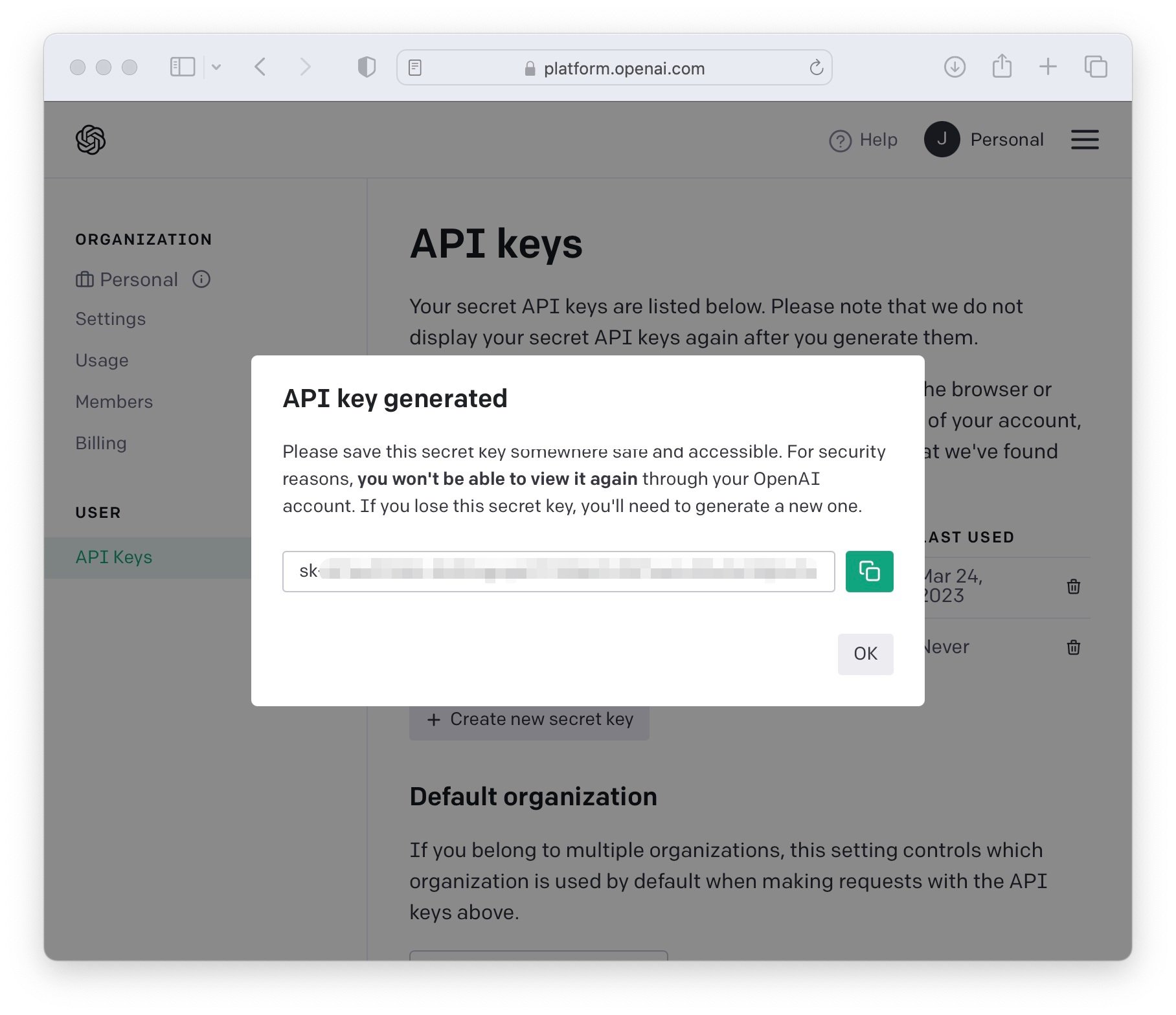 api key generated