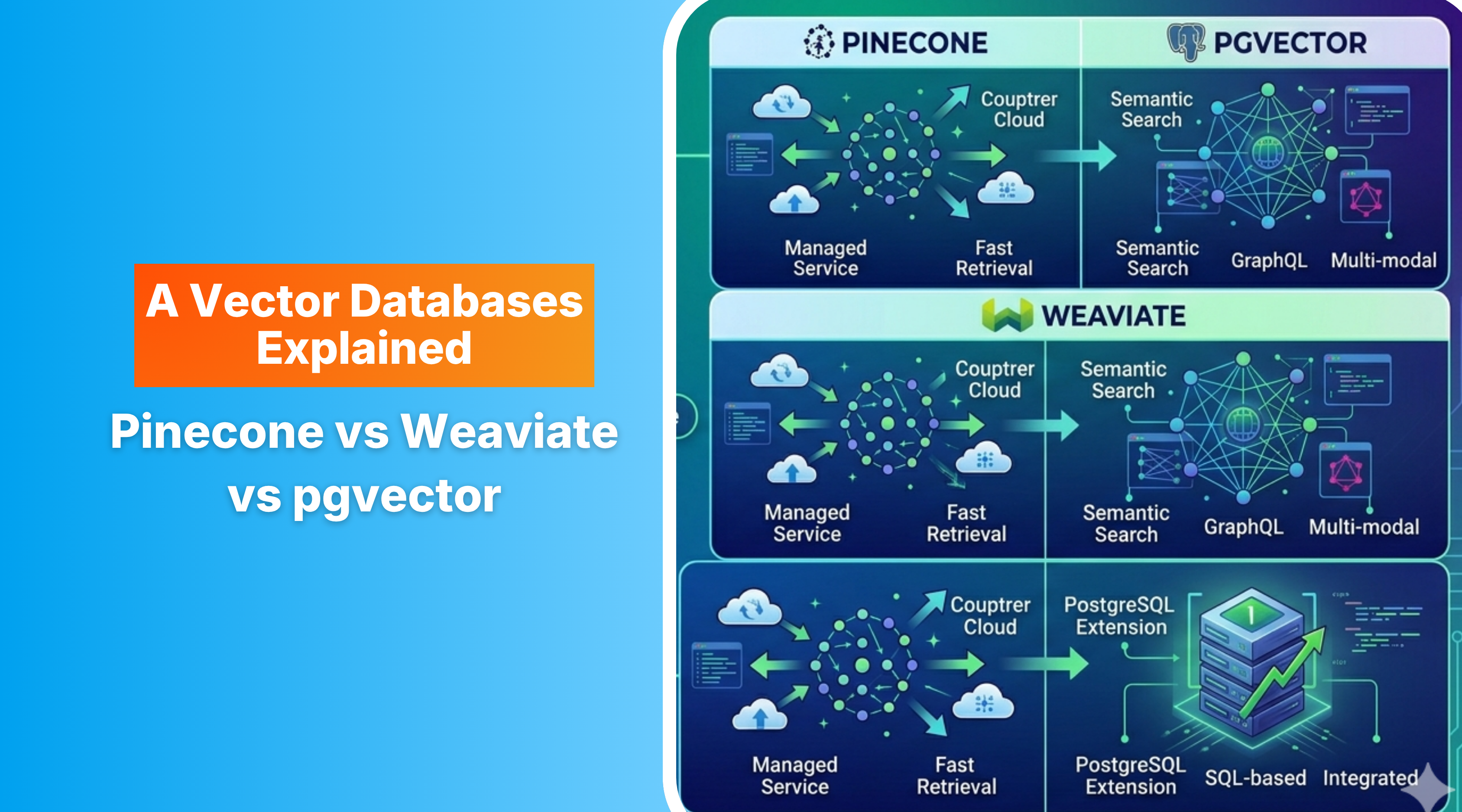 Futuristic dashboard graphic comparing three vector databases: Pinecone, Weaviate, and pgvector. Each database is represented within its own dark panel, accompanied by glowing abstract icons depicting cloud infrastructure, neural data networks, semantic search graphs, and server stacks connected by green arrows. 