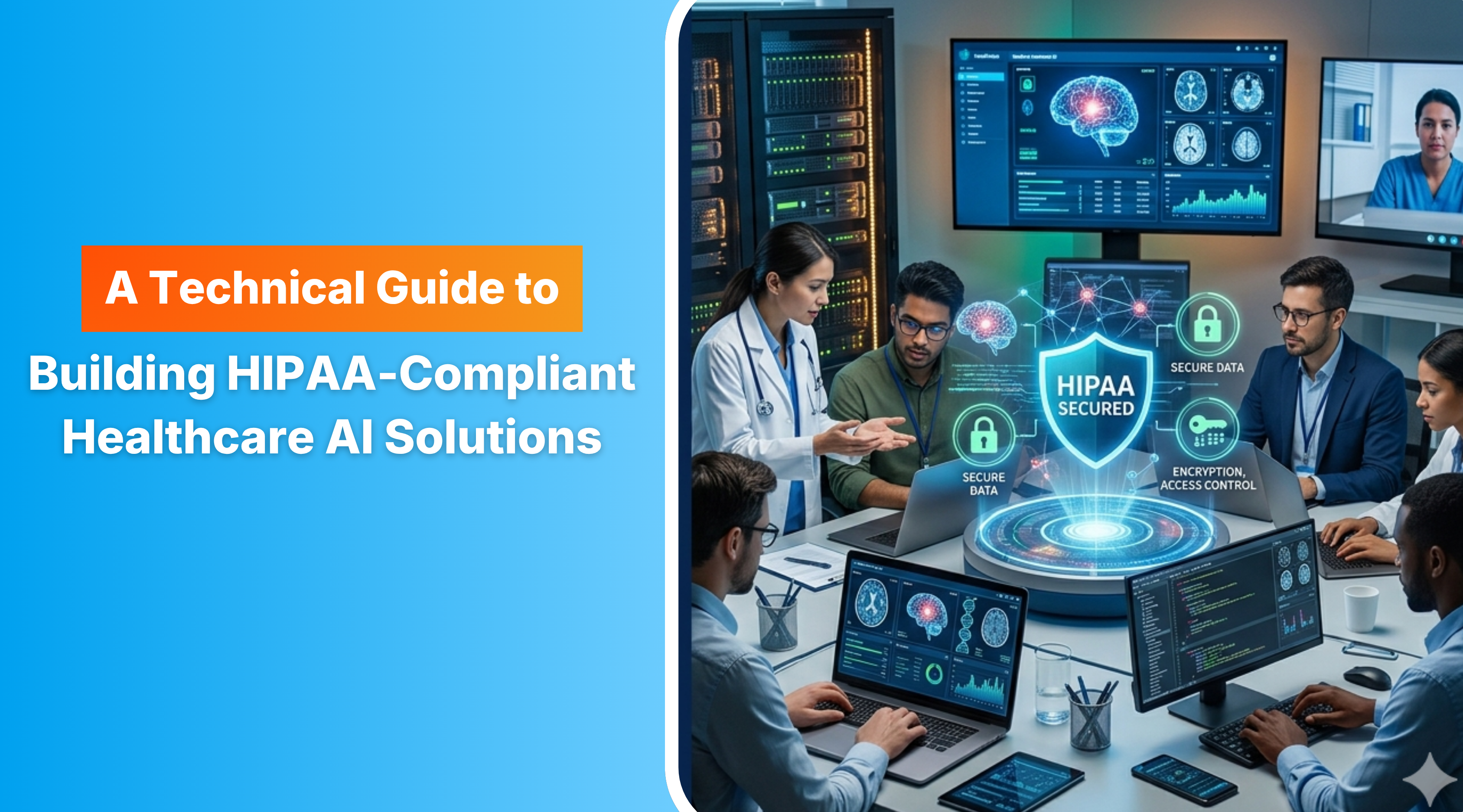 Modern healthcare AI banner featuring a split layout with the title “Building HIPAA-Compliant Healthcare AI Solutions: A Technical Guide” on the left and a doctor using a laptop with futuristic HIPAA security and AI interface graphics on the right. 