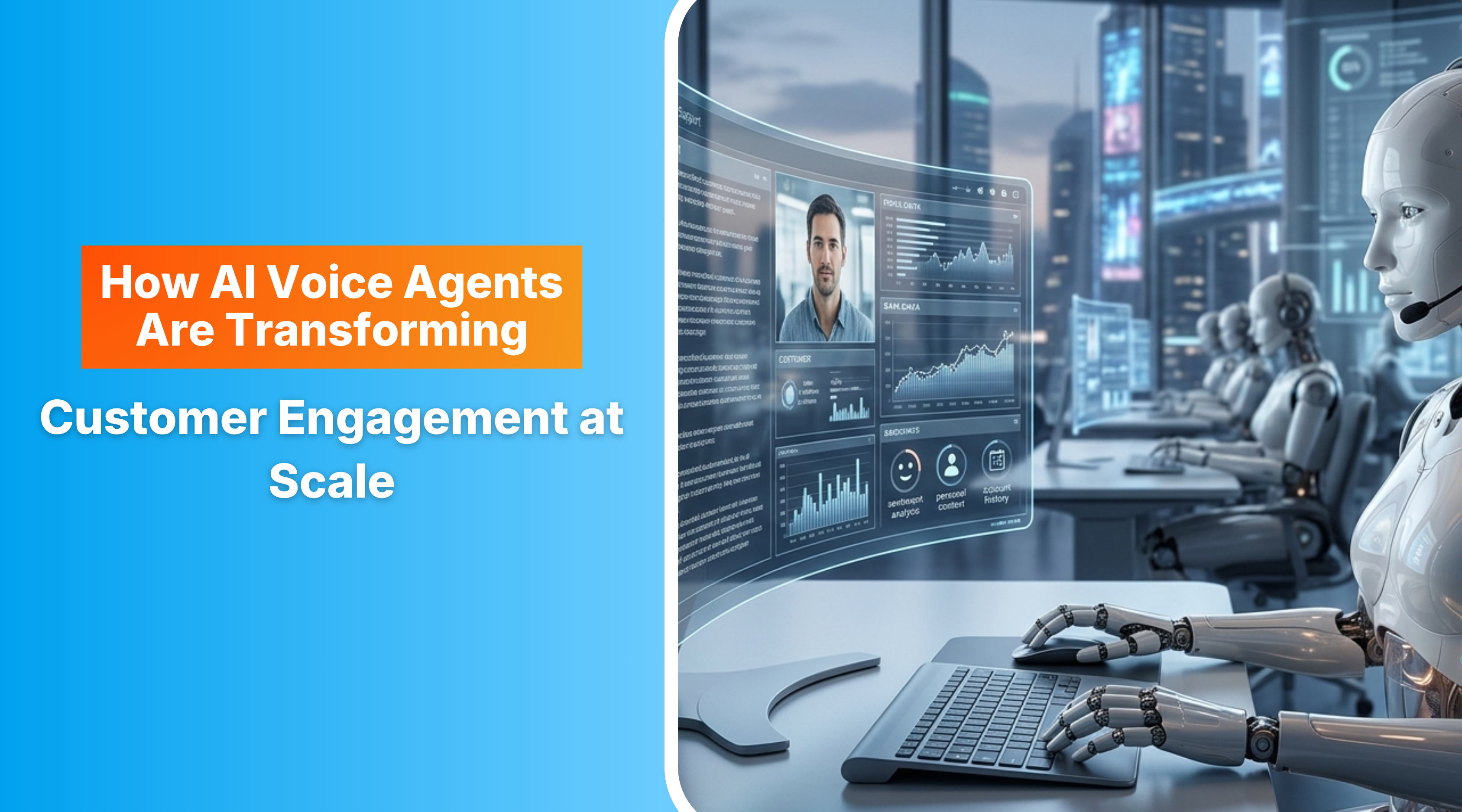 A futuristic, high-tech call center where rows of sleek, realistic humanoid AI robots wearing headsets sit at desks with transparent holographic displays, managing customer data and global engagement analytics against a backdrop of a glowing city skyline at dusk. 